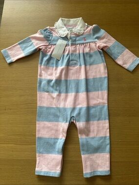 NWT Ralph Lauren Pink & Light Blue Striped Baby Collared Romper